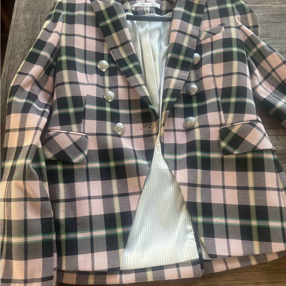 Veronica Beard Pink Black and Green Plaid Double-Breasted Blazer & Trousers - Picture 5 of 8